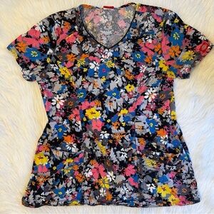 Dickies Floral Scrub Top Womens Size Medium Multicolored Short Sleeve Work Shirt